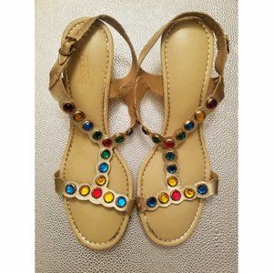 Vtg 60s Beacon Gold Boho Jeweled Wedge Sandals 9N